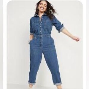 Long sleeve utility jean jumpsuit